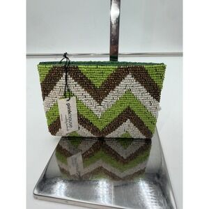 Pink House Handmade Beaded Coin Purse Green Bronze Chevron Zigzag Zipper Pouch